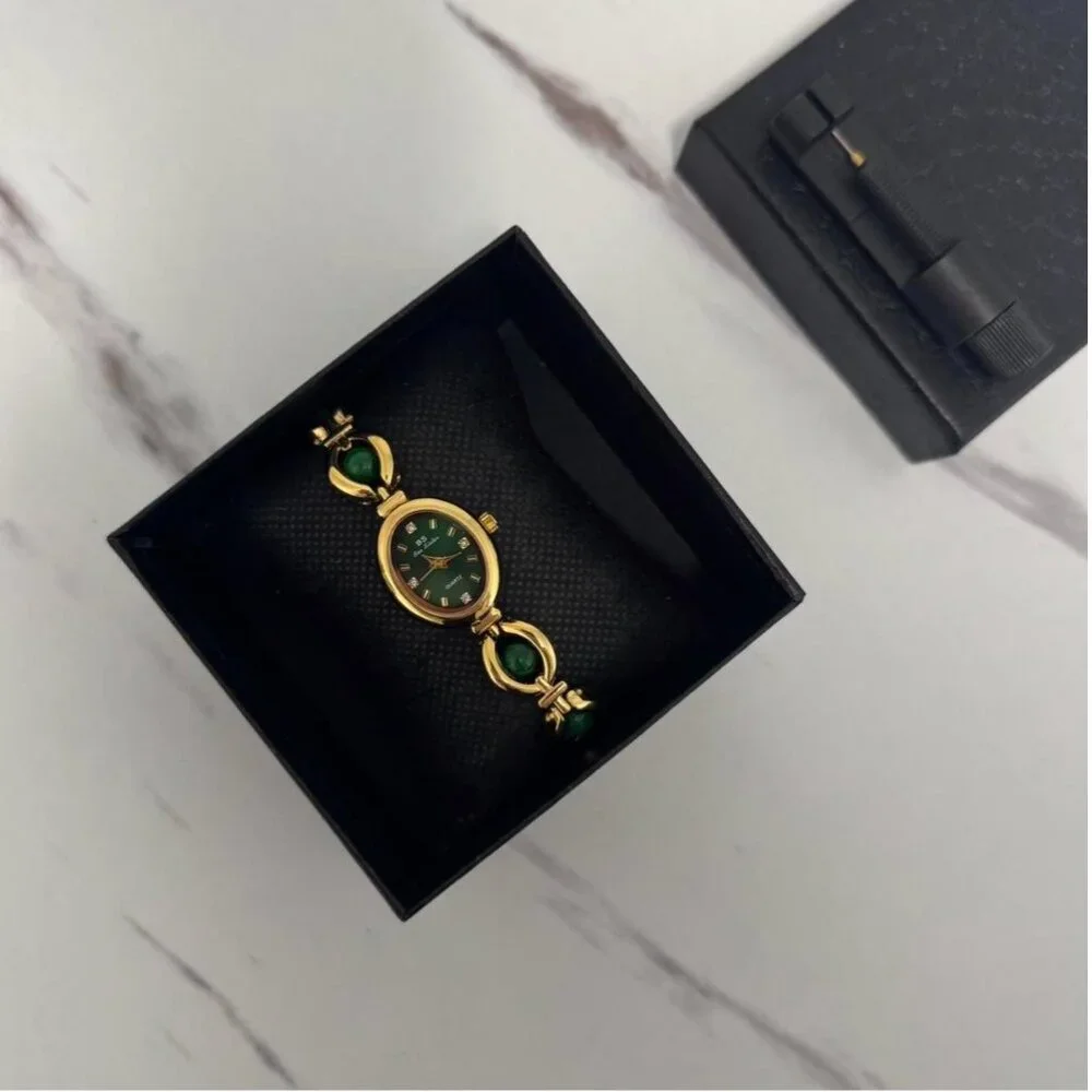 Sku0456 Retro Gold Green Pearl Gemstones Women Fashion Watch Bracelet + gift box